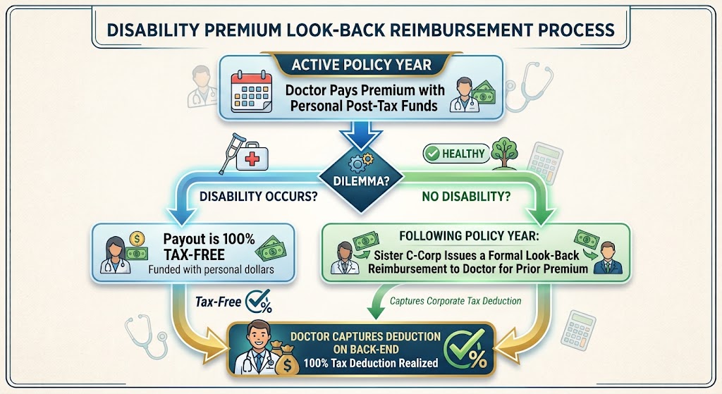 Infographic showing the disability premium look-back reimbursement process for doctors, comparing tax-free payouts during an active injury versus back-end corporate tax deductions when healthy.