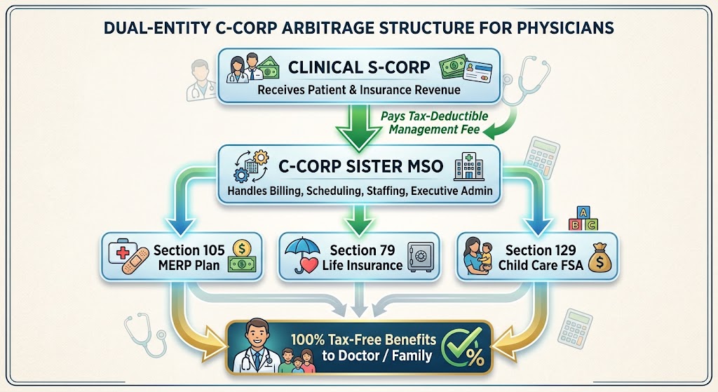 Diagram of a dual-entity C-Corp arbitrage structure showing an S-Corp paying management fees to a C-Corp MSO to fund tax-free employee fringe benefits.