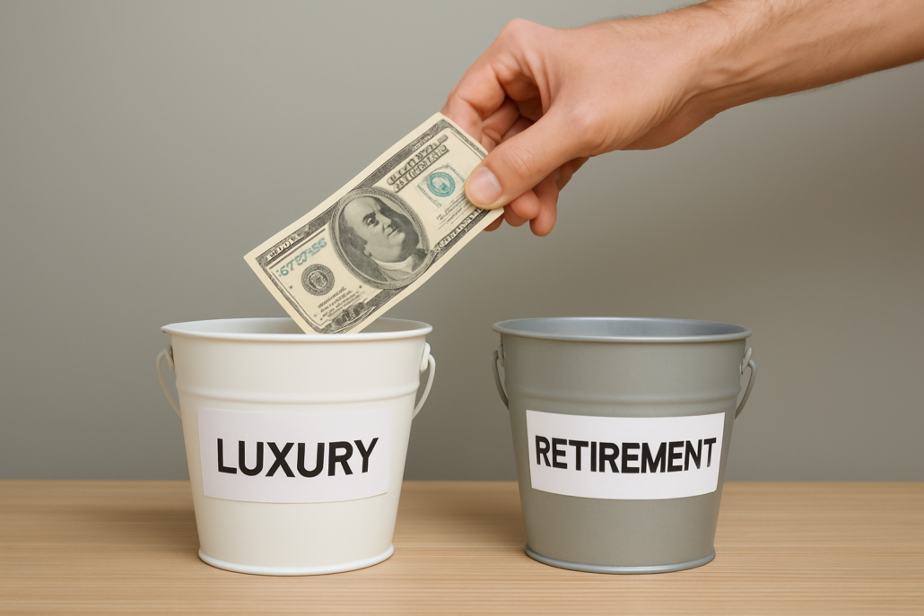 Visual of overspending: money going into a ‘Luxury’ bucket while ‘Retirement’ savings are neglected, showing how overspending hurts taxes and retirement.