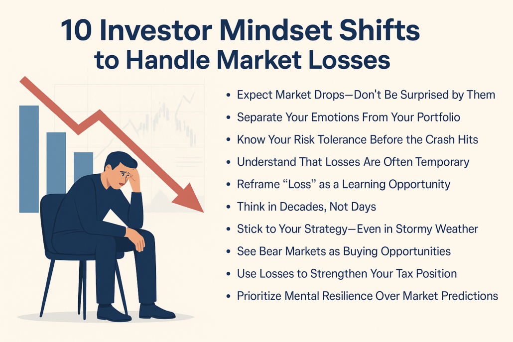 Investor sitting in front of declining chart with list of 10 mindset shifts to handle market losses, including emotional control, tax strategies, and long-term thinking.