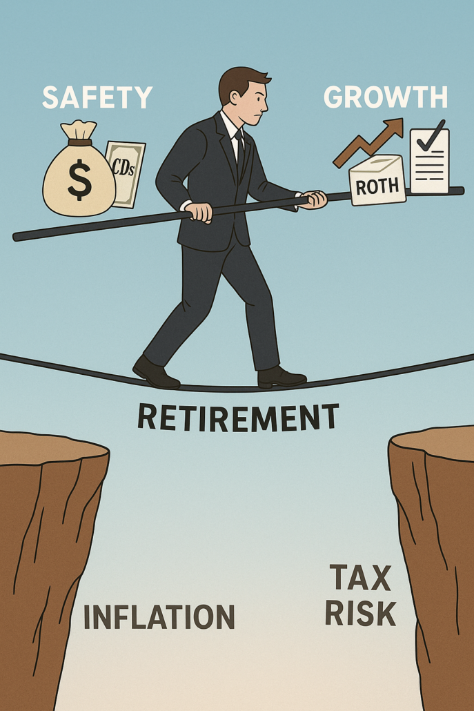 Man walking a tightrope labeled "Retirement," balancing between safety and growth with inflation and tax risk below.