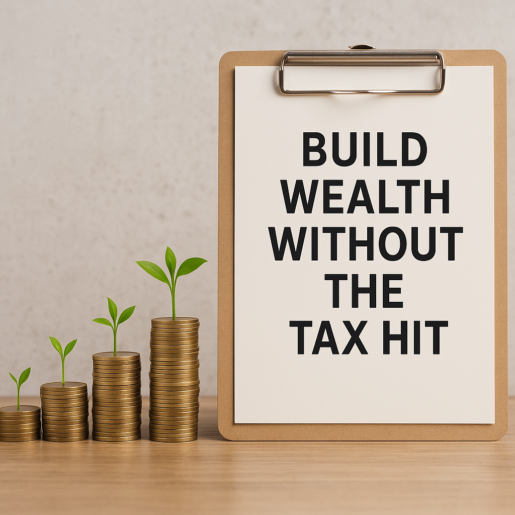 Clipboard with the words “Build Wealth Without the Tax Hit” next to stacks of gold coins topped with green plants, symbolizing tax-smart financial growth.
