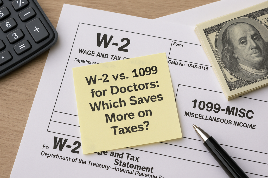 Close-up of W-2 and 1099 tax forms with sticky note asking which saves more on taxes for doctors