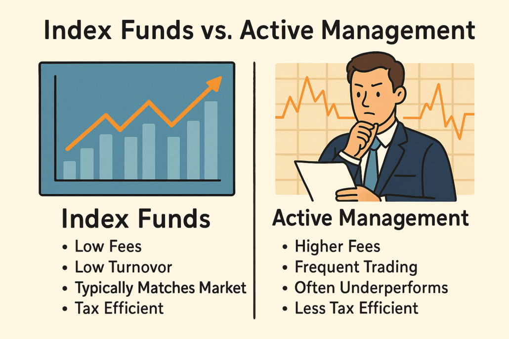 Illustrated infographic comparing index funds and active management, highlighting differences in fees, turnover, tax efficiency, and performance.