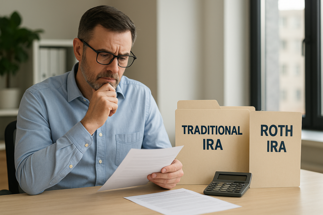 A thoughtful man in a blue shirt reviews documents at a desk labeled with folders "Traditional IRA" and "Roth IRA," evaluating retirement account strategies.
