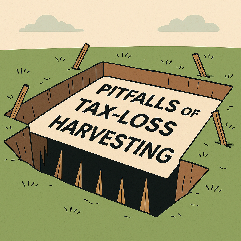 Illustration of a pitfall trap symbolizing the risks of tax-loss harvesting, with the text 'PITFALLS OF TAX-LOSS HARVESTING' on the trap.