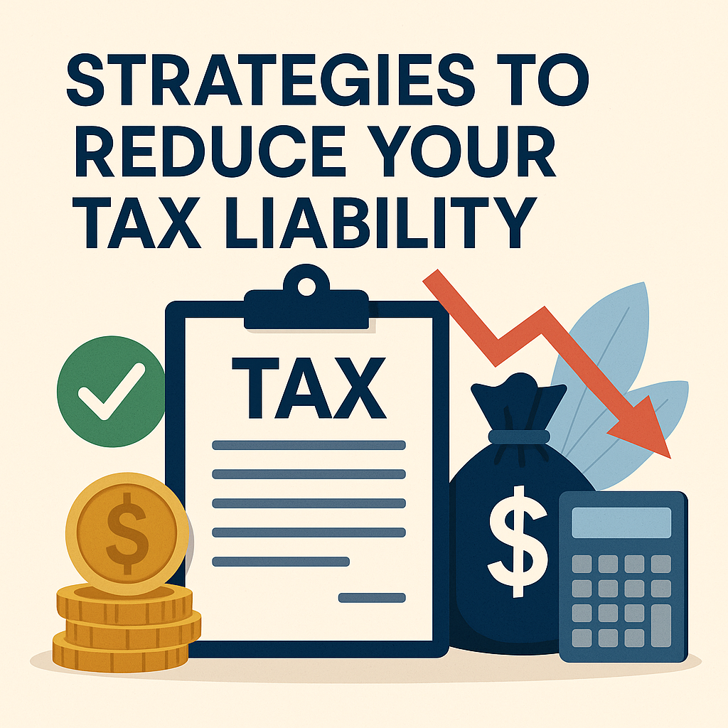 A digital illustration representing strategies to reduce tax liability, featuring a clipboard with "TAX" written on it, a calculator, gold coins, a money bag, a green checkmark, and a red downward arrow, all set against a soft beige background with a leaf-like texture.