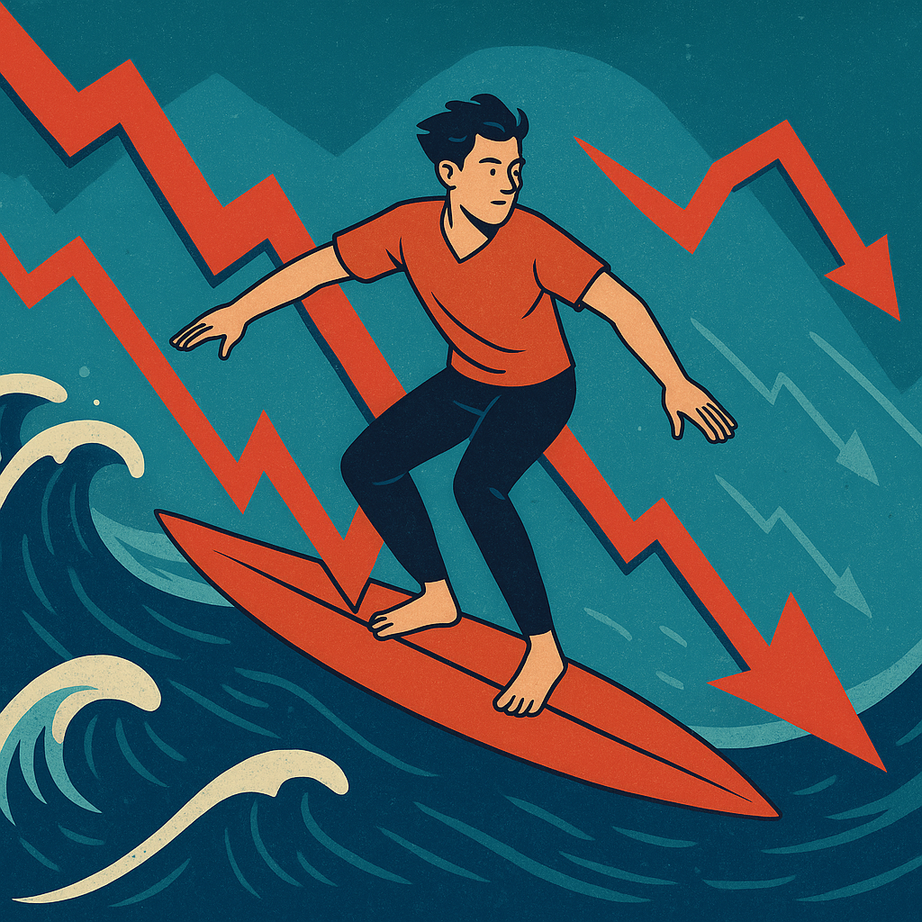 Illustrated surfer riding a large red downtrend arrow through turbulent financial waves, symbolizing navigating market crashes with strategy and resilience.
