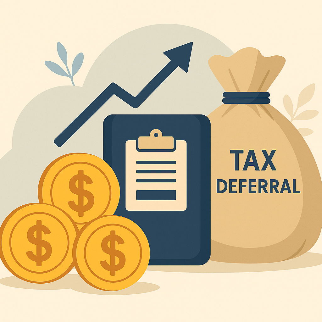 Illustration showing a money bag labeled “Tax Deferral,” gold coins, a clipboard, and an upward arrow representing financial planning