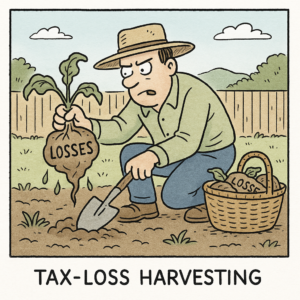 Cartoon of a man in a garden harvesting oversized vegetables labeled “LOSSES,” symbolizing how investors can reduce taxes through tax-loss harvesting.