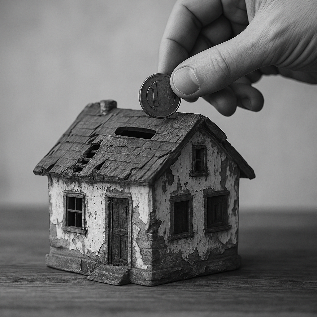 A damaged house used as a piggy bank with a hand inserting a coin, symbolizing the worst ways to invest in real estate. 1/2