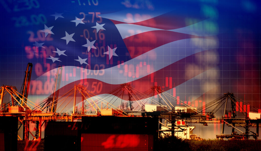 US flag with background displaying tariff rate statistics