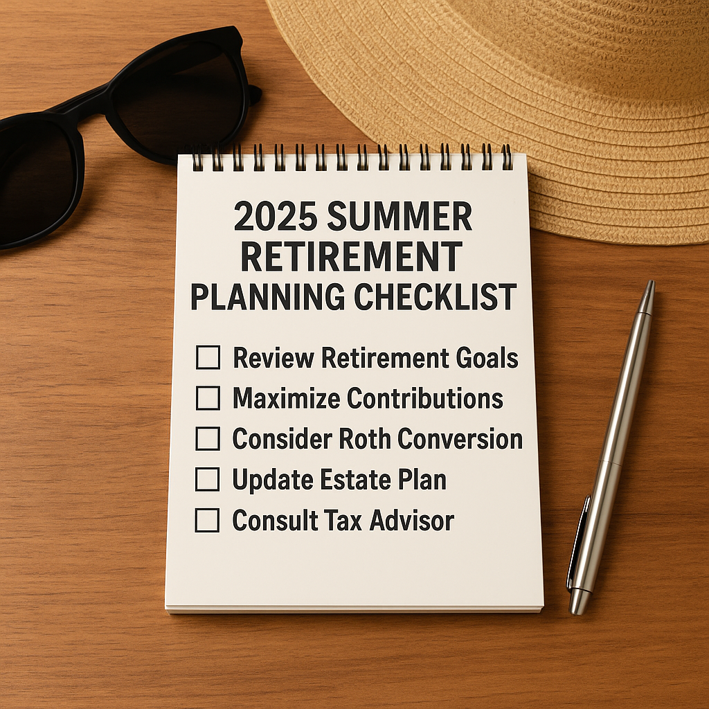 Notepad labeled “2025 Summer Retirement Planning Checklist” on a wooden table with sunglasses, a straw hat, and a pen
