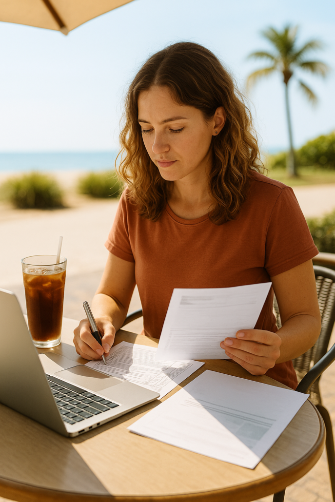 Consultant reviewing taxes during summer at a café Consultant reviewing tax documents and laptop outdoors in summer sunlight