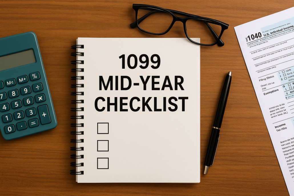 Spiral notebook labeled “Mid-Year Checklist 1099” beside a calculator, tax forms, and financial documents on a desk