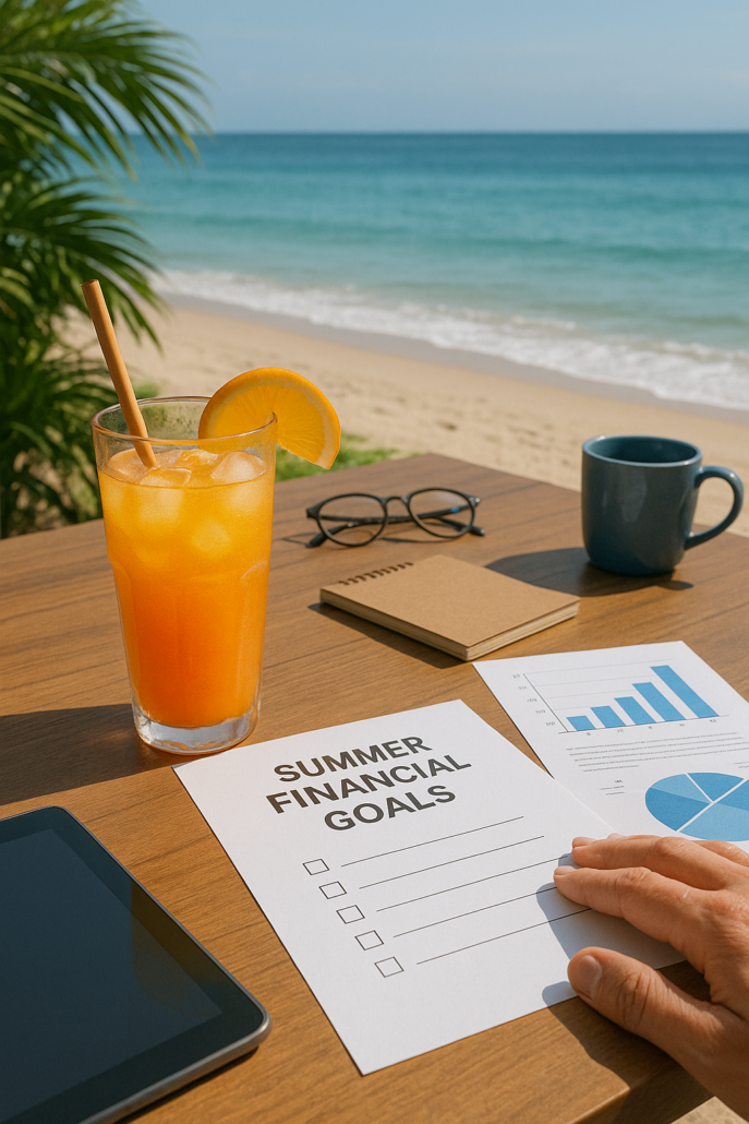 High-net-worth professional reviewing financial goals outdoors during summer