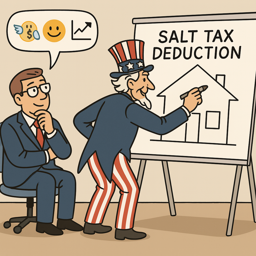 A colorful four-panel comic strip showing a business owner and a physician meeting with a tax advisor, then celebrating tax savings from the expanded SALT deduction. Speech bubbles contain only emoticons for vagueness.