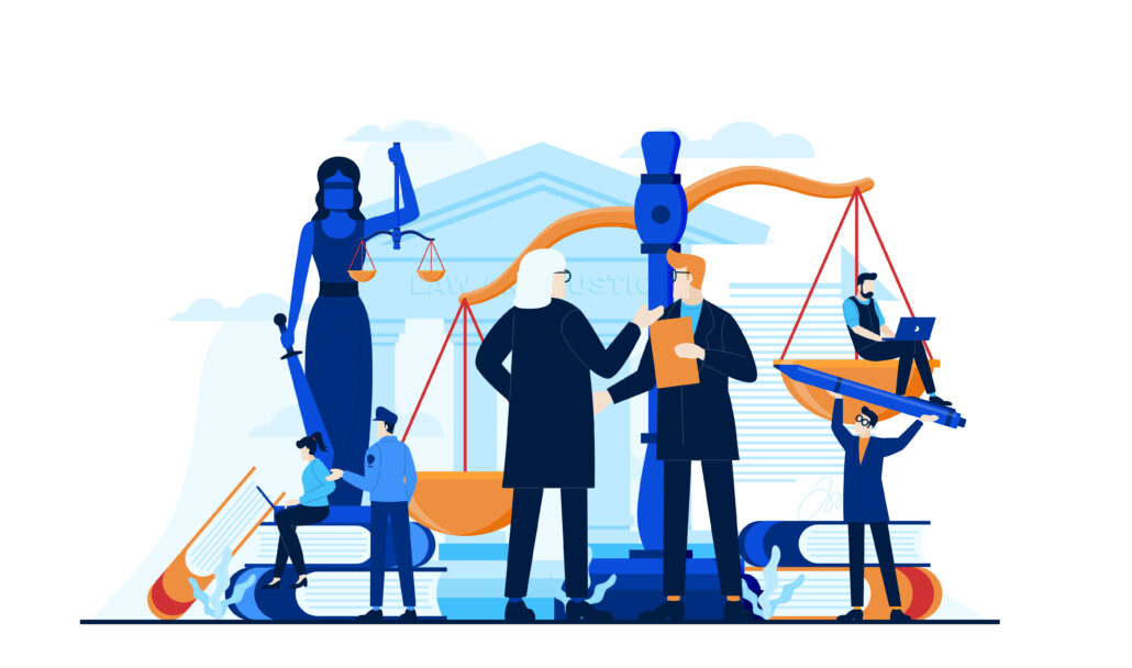 Illustration showing Lady Justice, professionals shaking hands, and legal symbols representing law, justice, and tax policy discussions.