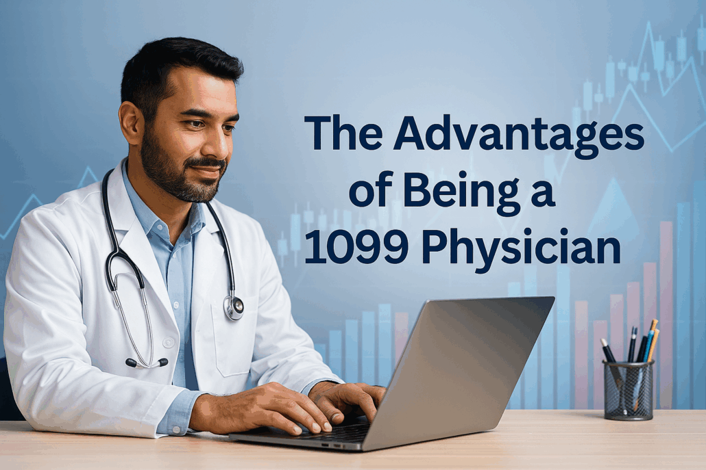 A confident physician working remotely on a laptop with financial graphs in the background, symbolizing the flexibility and tax advantages of being a 1099 physician.