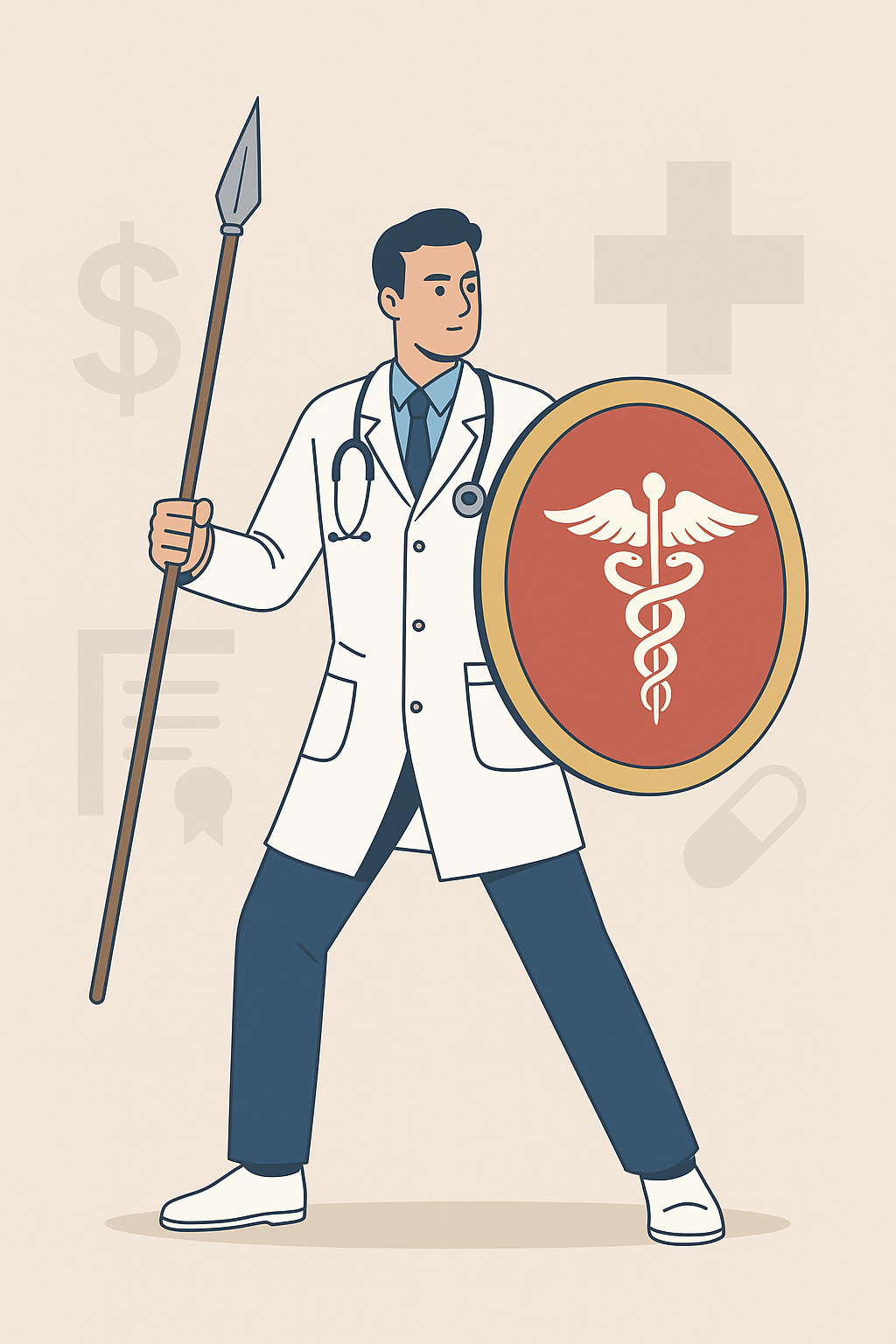 Illustration of a doctor in a white lab coat holding a Roman shield and spear, symbolizing asset protection and financial defense.