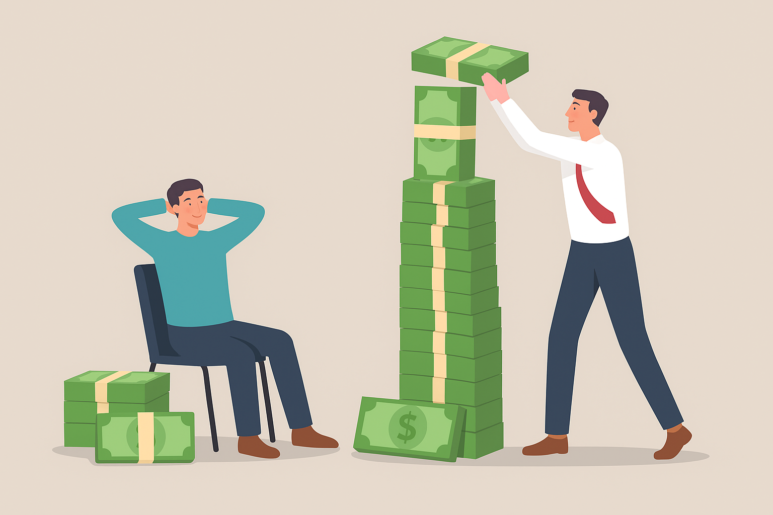 The Generational Wealth Debate Building More vs. Being Content Illustration of one person carefully building a towering structure brick by brick with stacks of money, while a neighboring person stands calmly beside a modest stack of cash, symbolizing contrasting approaches to wealth—accumulating vast generational wealth versus choosing to live with “enough.”