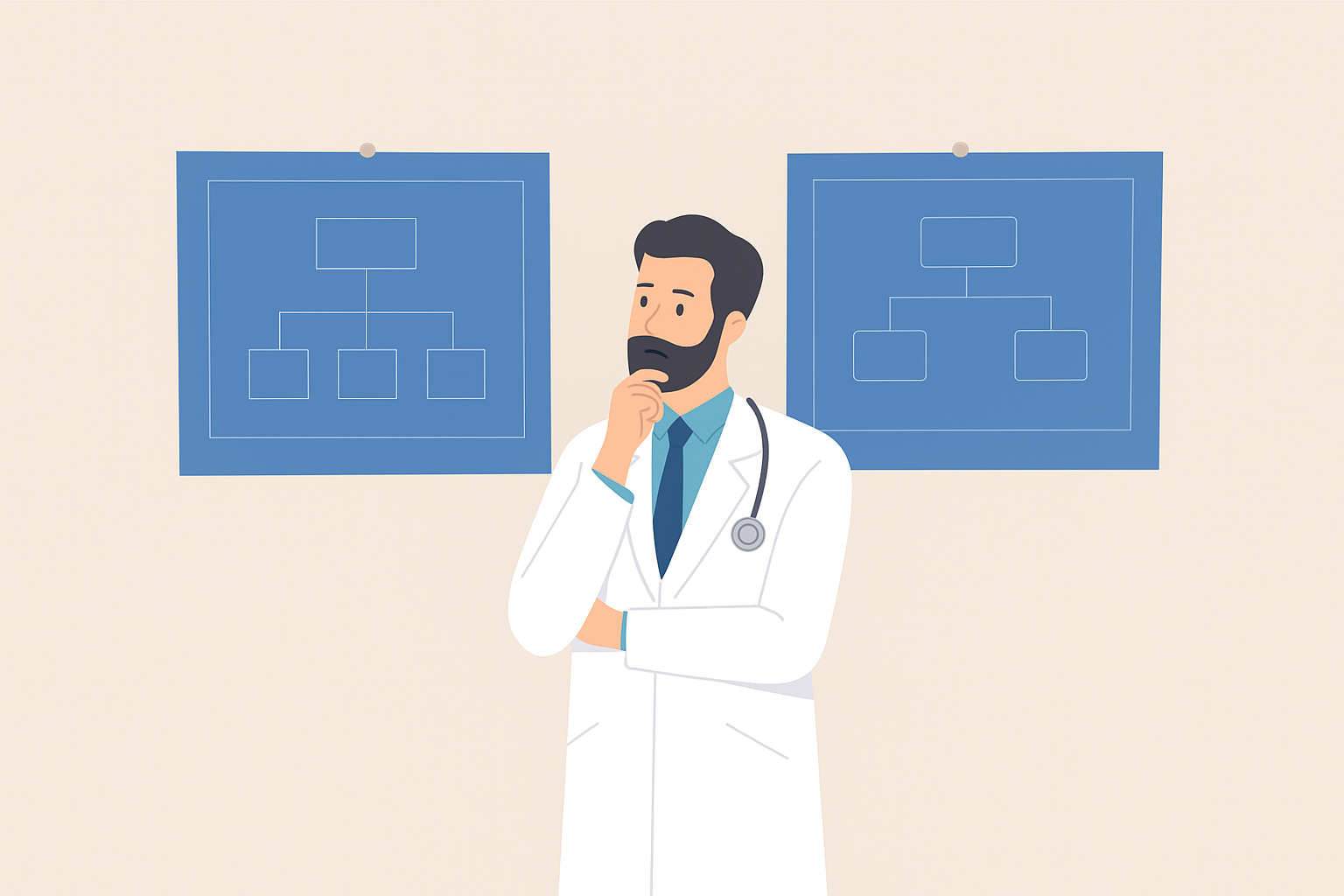A doctor in a lab coat examining two blueprints labeled as different business structures, appearing thoughtful as he decides between them