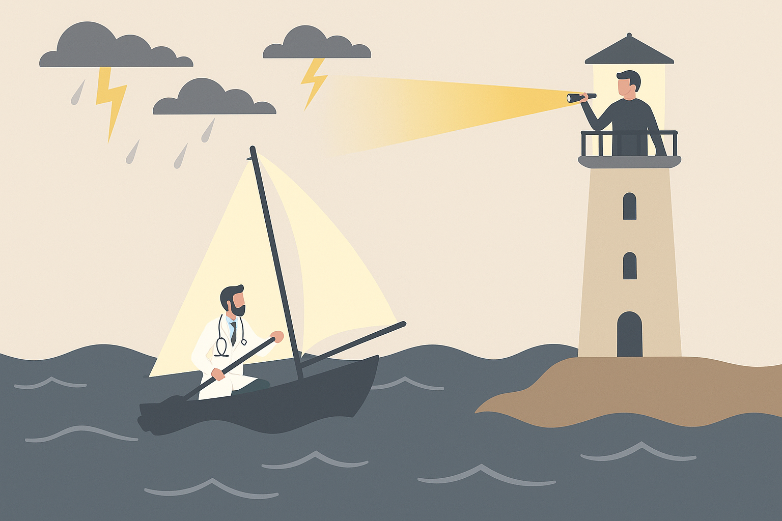 An illustrated doctor sails a small boat through rough waters toward a safe harbor, guided by a lighthouse. A CPA figure stands at the harbor holding a lantern. The boat sails are blank, and the lighthouse has no visible head figure.