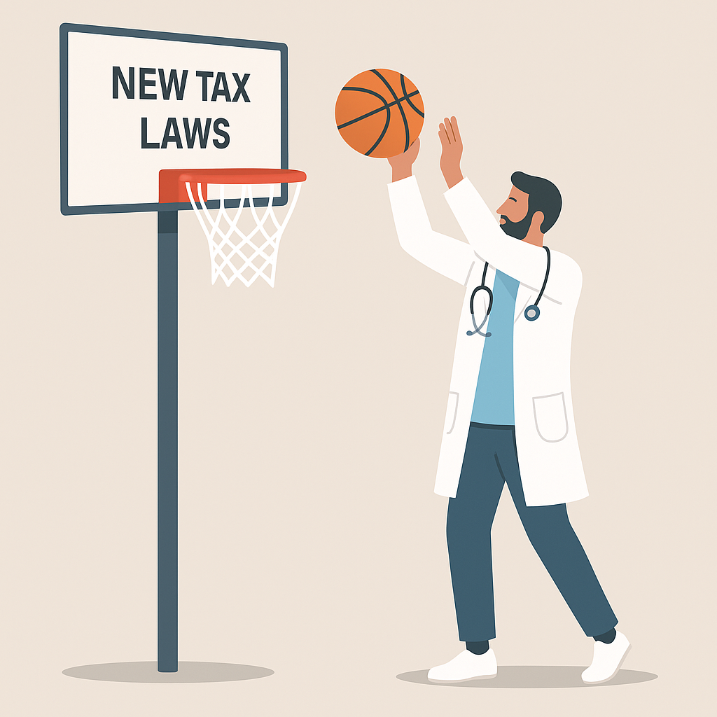Illustration of a doctor shooting a basketball into a hoop labeled "New Tax Laws"