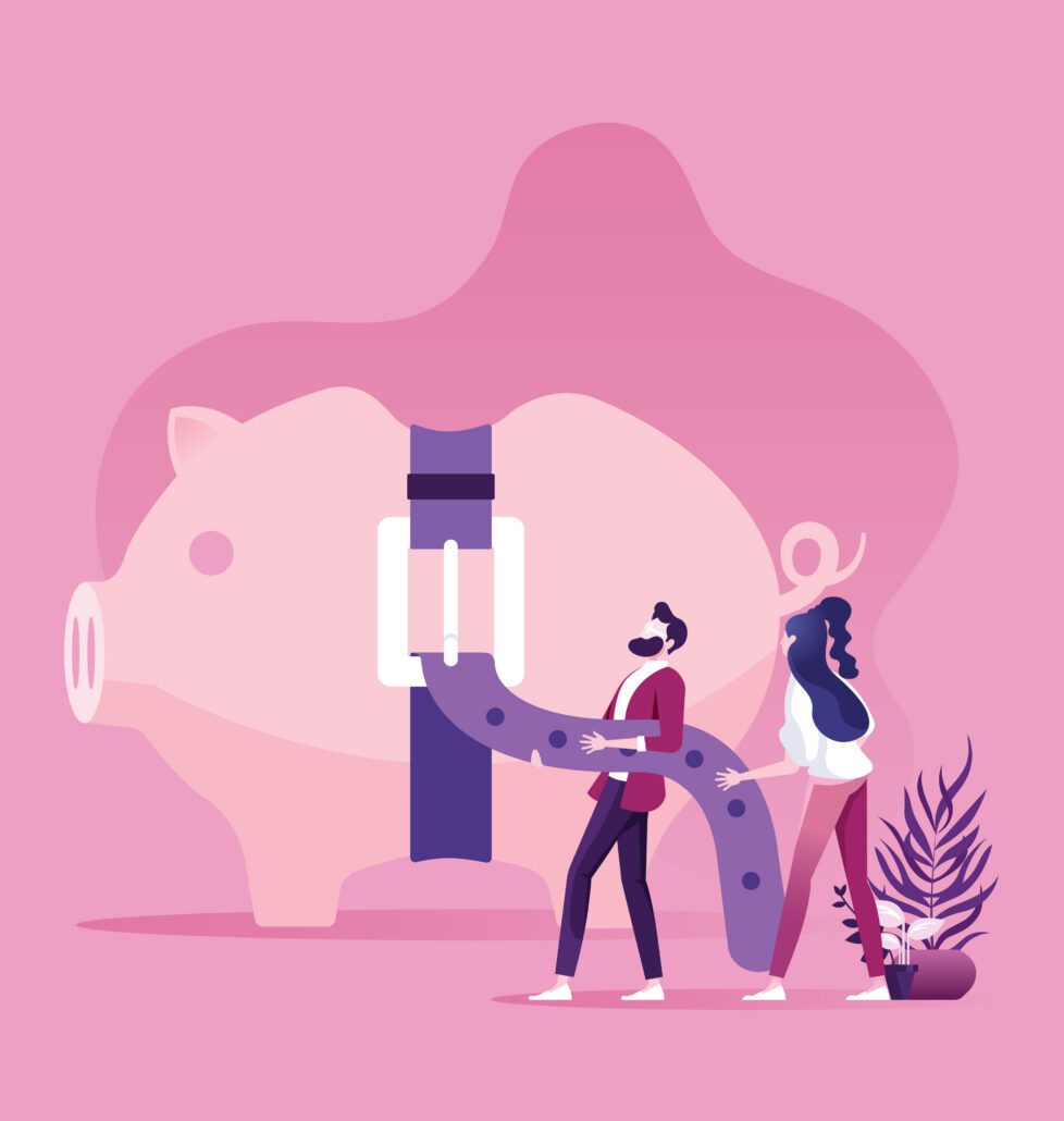 Two people tightening a belt around a piggy bank to control spending and improve savings