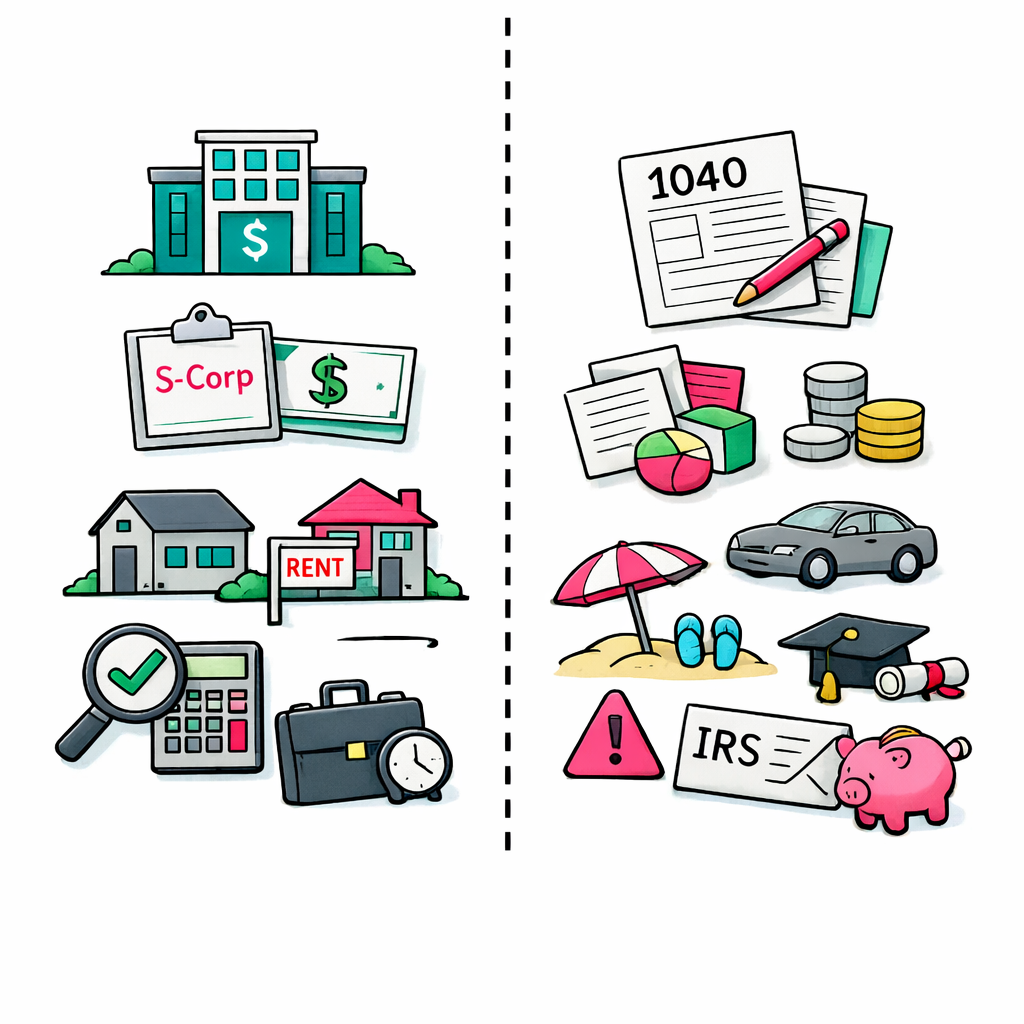 Illustration showing which tax planning fees may be deductible in 2026 for business, rentals, and personal tax work.