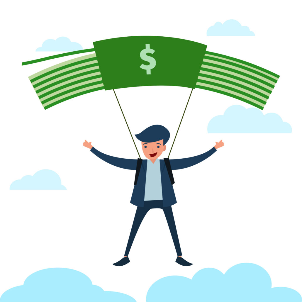 Doctor parachuting with money canopy representing security vs freedom and physician tax planning choices