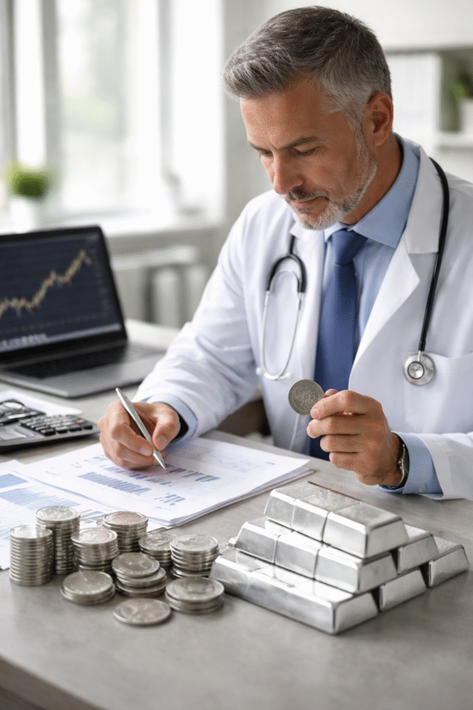Doctor reviewing a portfolio plan while holding a silver coin, with silver bars on the desk for physician tax planning and high-income tax planning.
