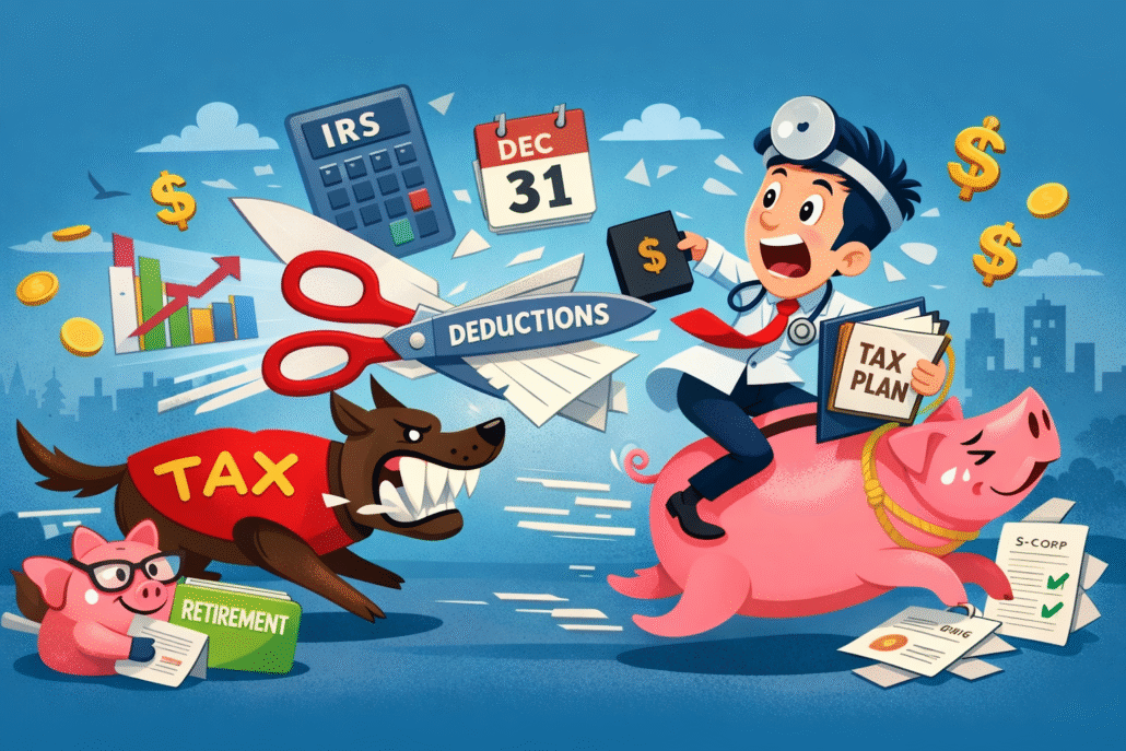 Cartoon doctor riding a pig while a tax dog chases, showing tax planning write-offs and deductions for physicians