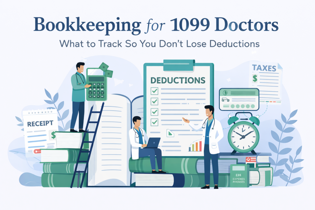 Bookkeeping for 1099 doctors illustration showing doctors tracking deductions expenses and taxes
