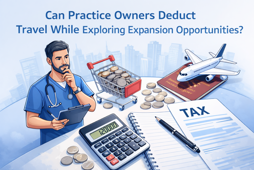 Illustration of a medical practice owner reviewing tax and travel costs while exploring expansion opportunities