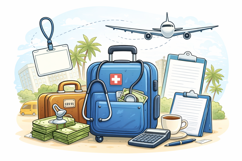 Illustration of doctor CME travel deduction expenses with luggage, airplane, cash, calculator, and medical items