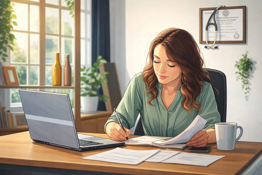 Female physician working in a home office reviewing paperwork for physician tax planning and home office deduction strategy