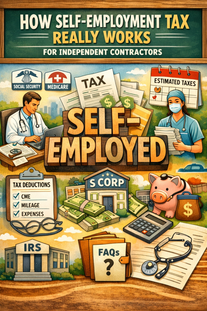 Illustration showing self-employment tax for independent contractors in the medical industry, including 1099 income, estimated taxes, deductions, and S corporation planning
