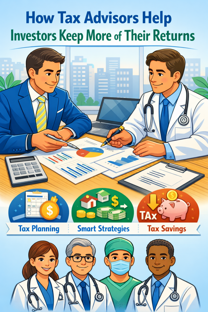 Illustration of a tax advisor helping a physician investor review charts and tax planning strategies