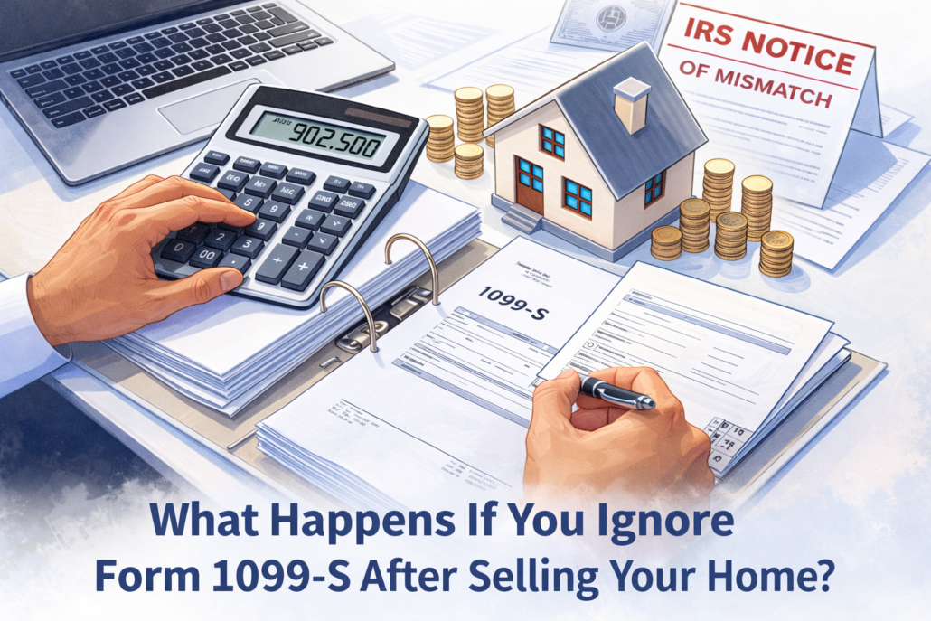 Illustration of a calculator, 1099-S tax form, house model, coins, and paperwork about a home sale tax issue