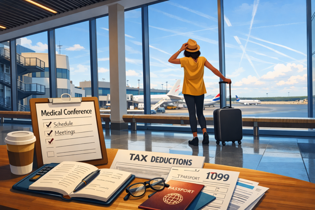 Illustration of a physician traveler at an airport with conference documents and tax planning papers
