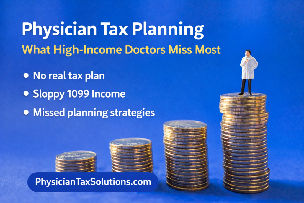Physician tax planning image showing a doctor standing on rising stacks of coins with a blue background