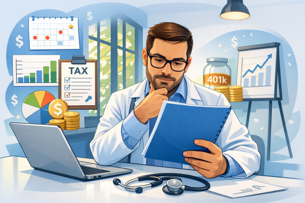 Illustration of a physician reviewing tax and financial planning documents at a desk with a laptop, stethoscope, charts, and retirement savings symbols