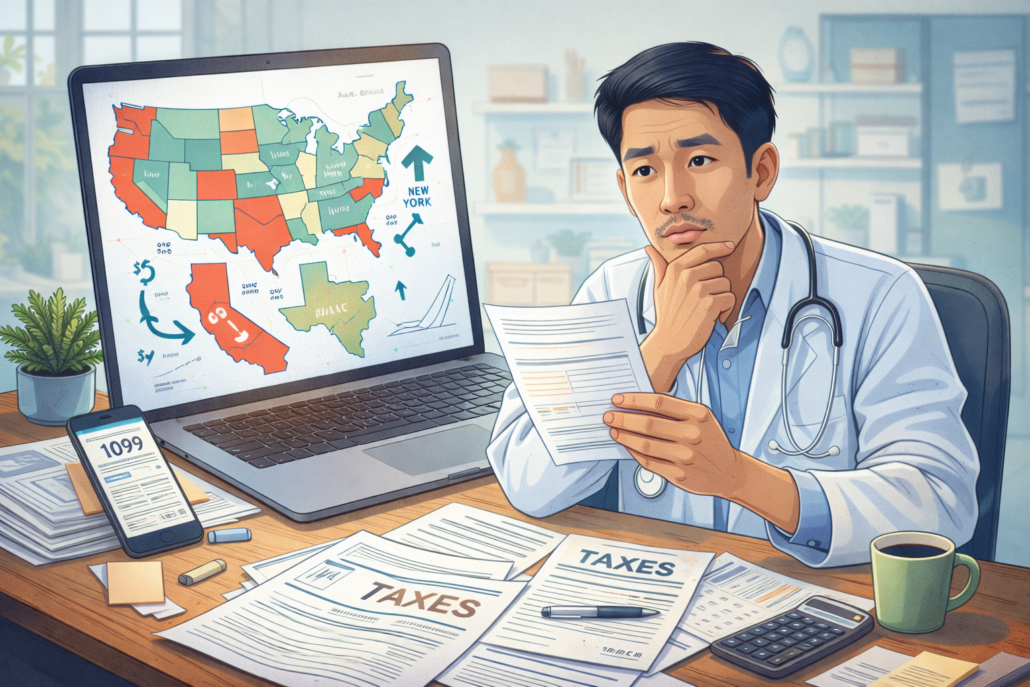 Illustration of a telemedicine doctor reviewing tax documents and a U.S. state map for multi-state tax filing