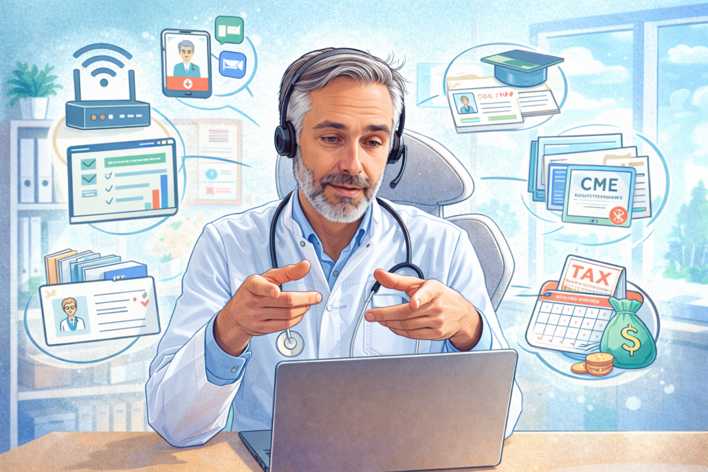 Illustration of a doctor in a telemedicine consultation with icons for internet, software, CME, and tax deductions