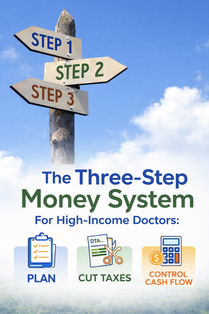 The Three-Step Money System for High-Income Doctors with Step 1 Plan, Step 2 Cut Taxes, and Step 3 Control Cash Flow