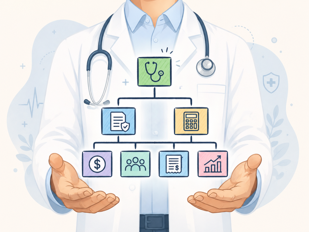 Illustration of a physician holding a business structure chart for 1099 income, LLC, S corp, tax planning, payroll, and deductions.