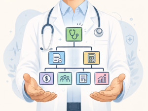 Illustration of a physician holding a business structure chart for 1099 income, LLC, S corp, tax planning, payroll, and deductions.