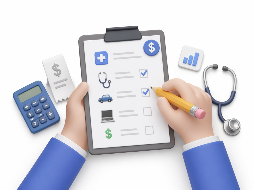 Illustration of a doctor reviewing a tax write-off checklist with medical and financial icons for 1099 side income deductions.