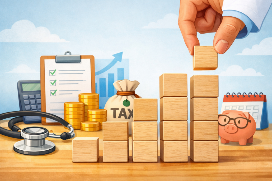 Illustration of a physician’s hand stacking wooden blocks into a rising chart beside tax and financial planning items